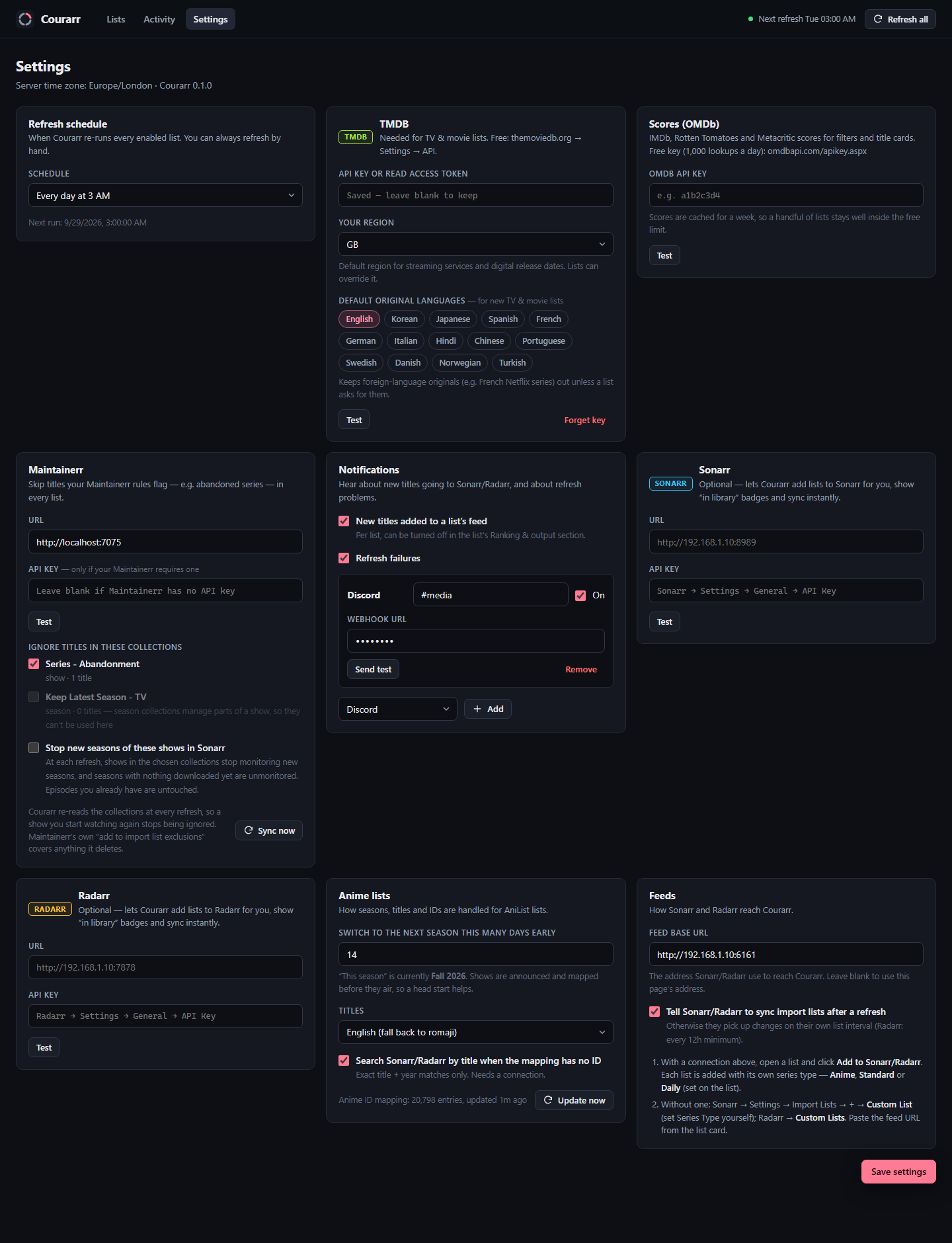 Settings: TMDB, OMDb, Maintainerr, notifications, Sonarr and Radarr