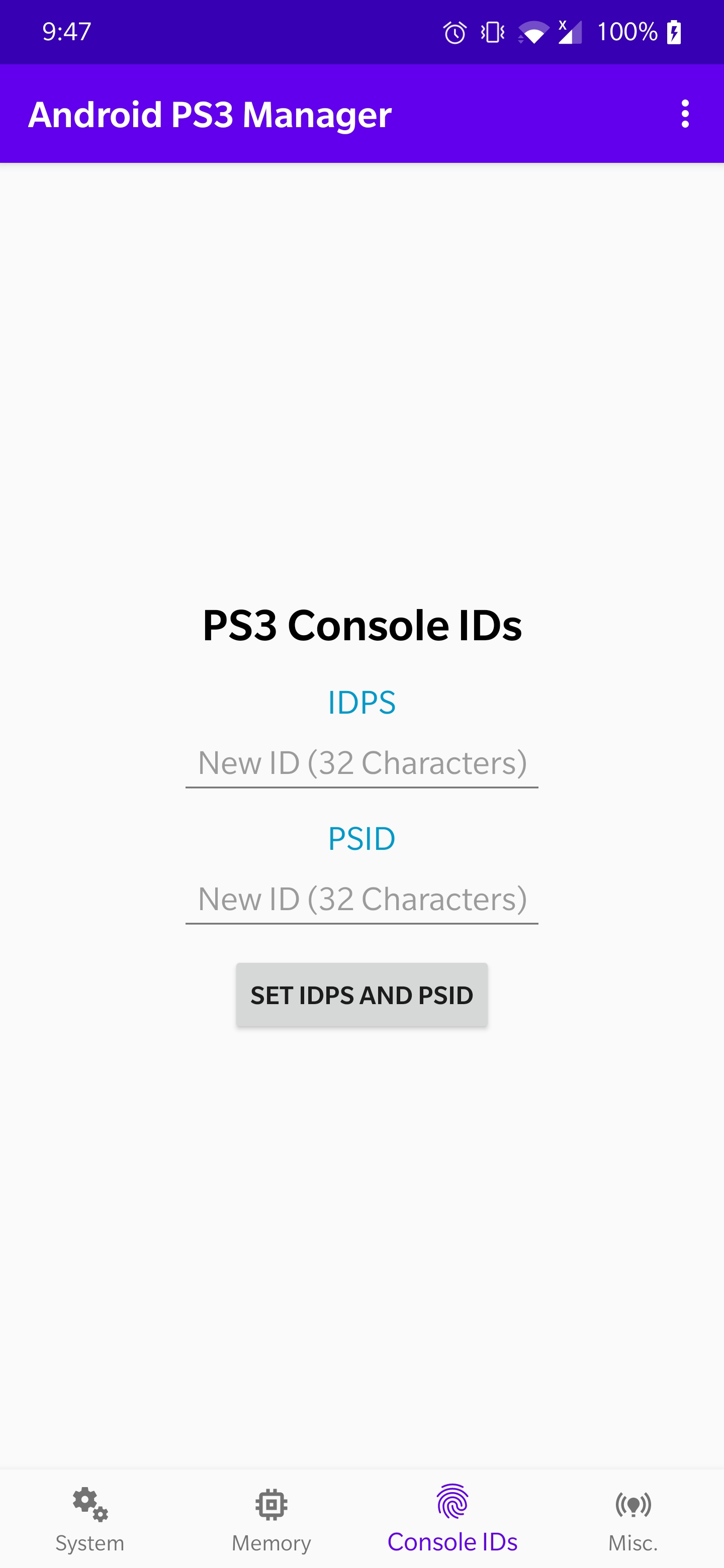 Console IDs screen