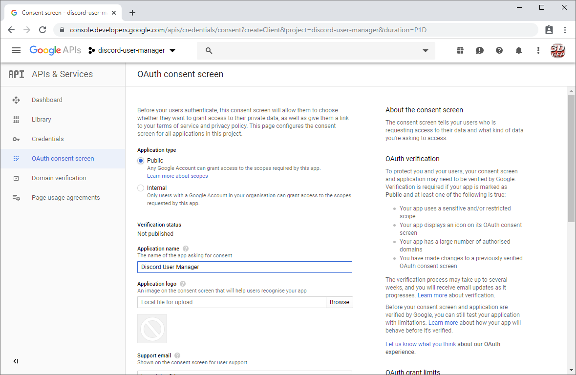 OAuth consent screen