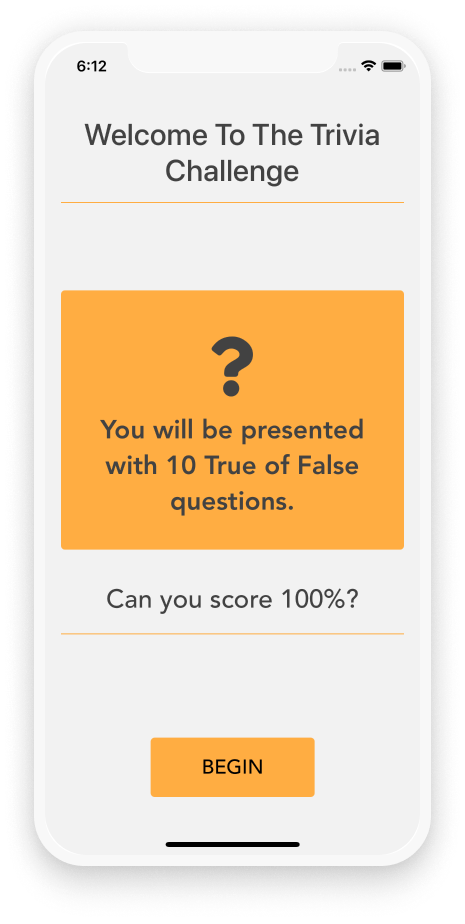 The Quiz screen for the app