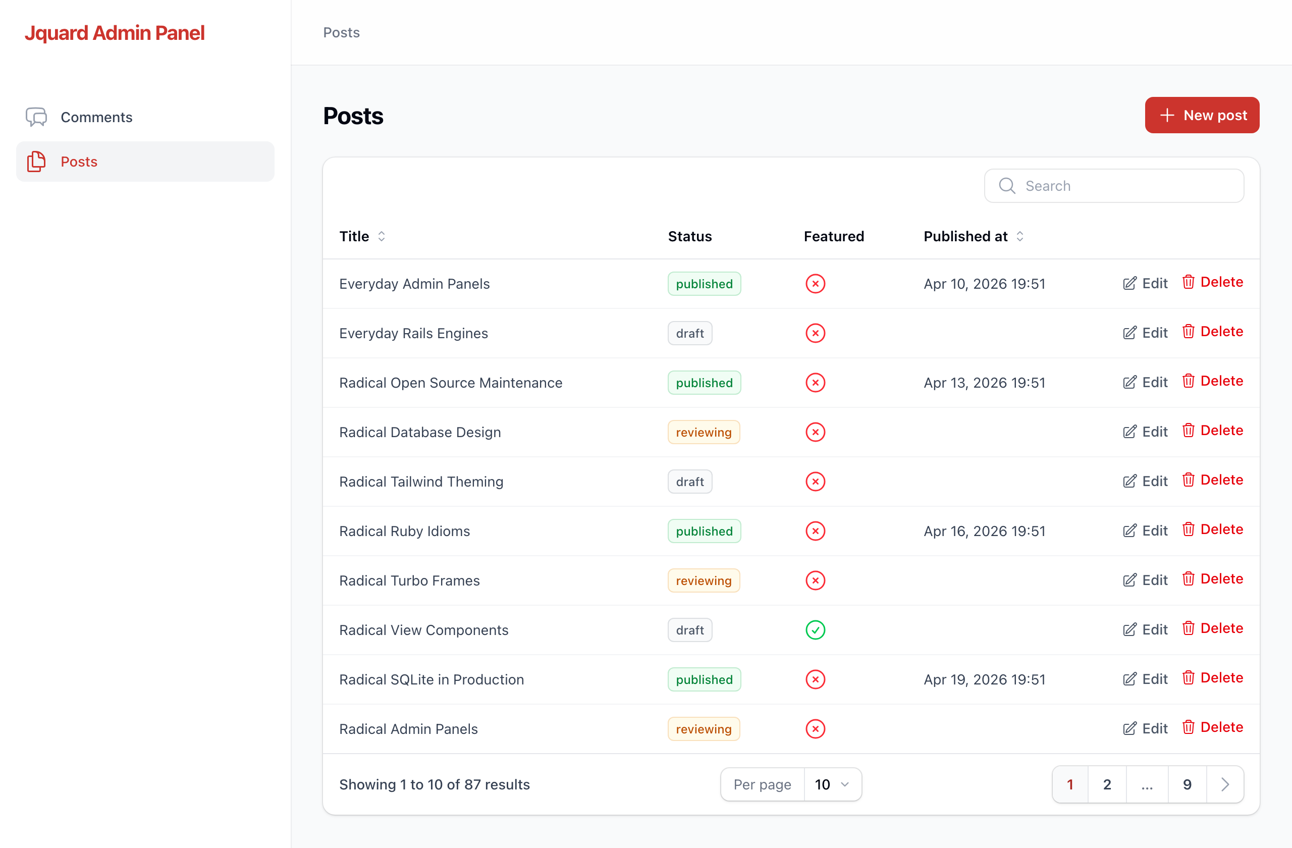 The Jquard admin panel
