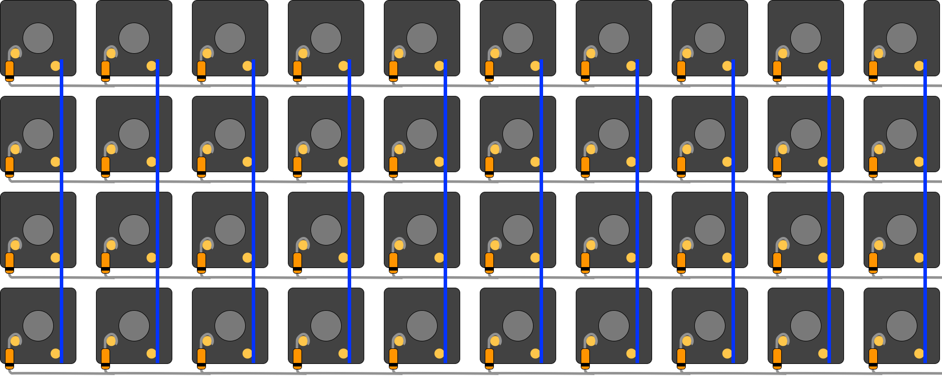 Picture showing wires connecting switches in each column together by the remaining pins on the switches