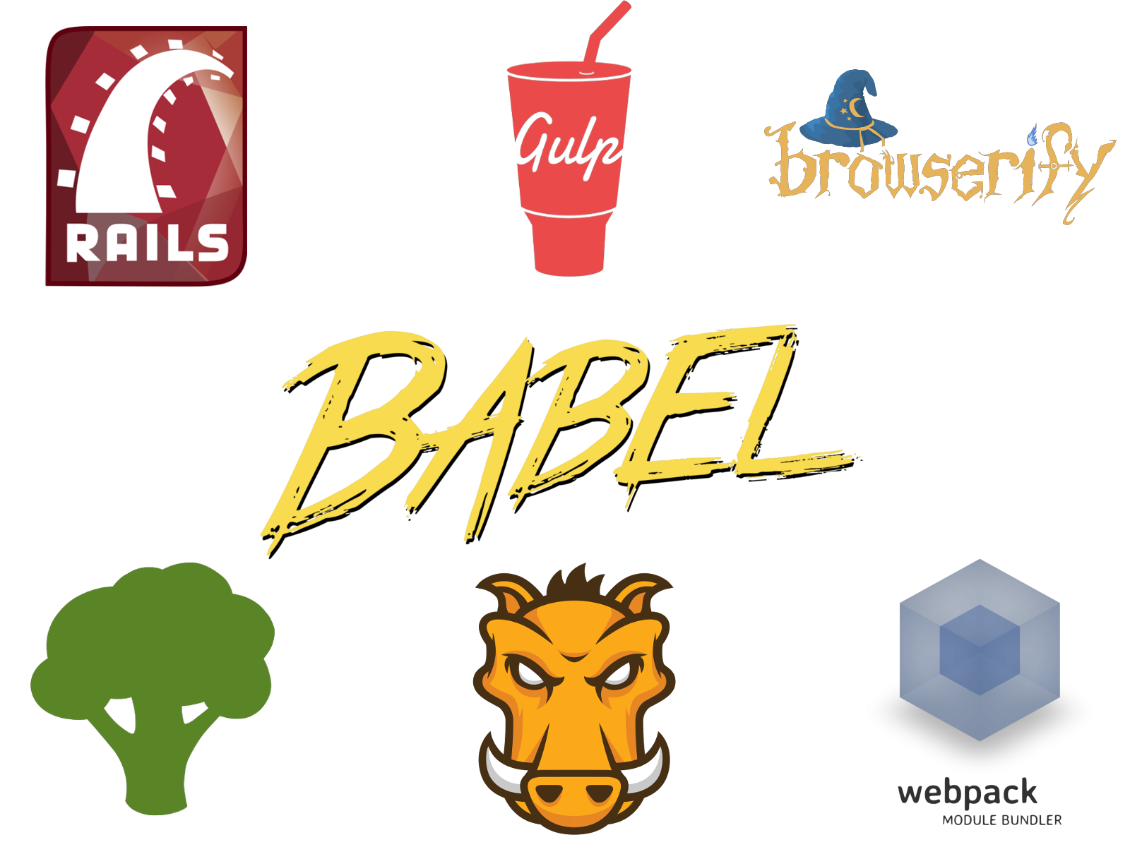 Babel can be used with Rails, Broccoli, Gulp, Grunt, Browserify, Webpack and others