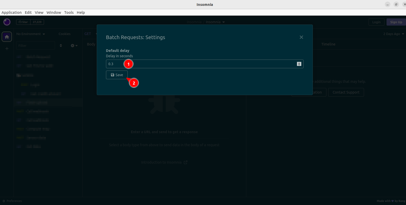 a screenshot showing the configuration dialog, with a field for the default delay and a Save button