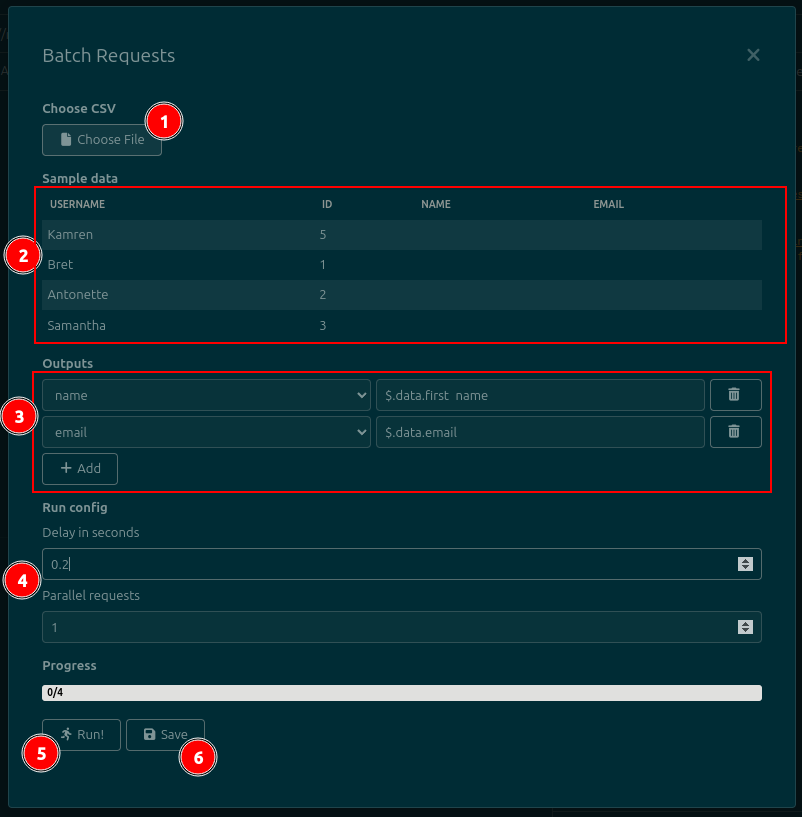 A screenshot showing the main plugin UI. From top to bottom, there is a button to load a file, a table showing a preview of the data, a series of fields to specify output data, and a button to run the request multiple times