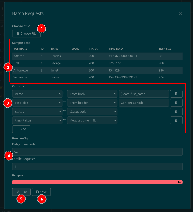 A screenshot showing the main plugin UI. From top to bottom, there is a button to load a file, a table showing a preview of the data, a series of fields to specify output data, and a button to run the request multiple times