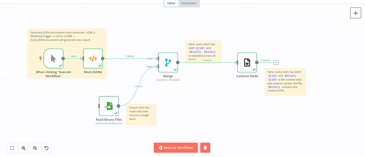 a sample workflow that generates sample JSON data, then reads a template from disk, then merges the JSON documents with the template, and then renders each template+JSON combo with the Carbone node