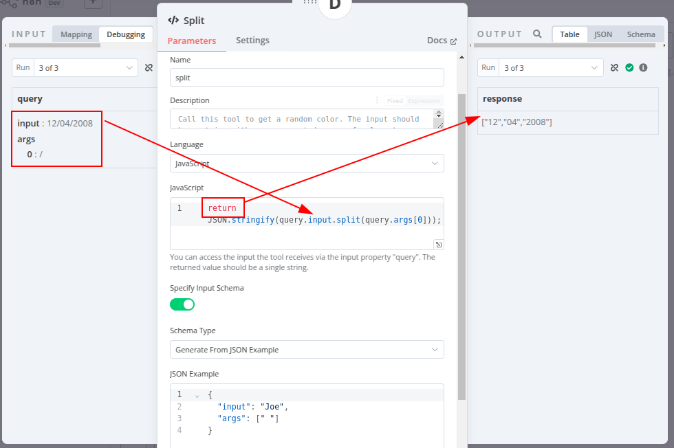 a screenshot of a Code tool showing the input and output data, where the input data also contains additional arguments