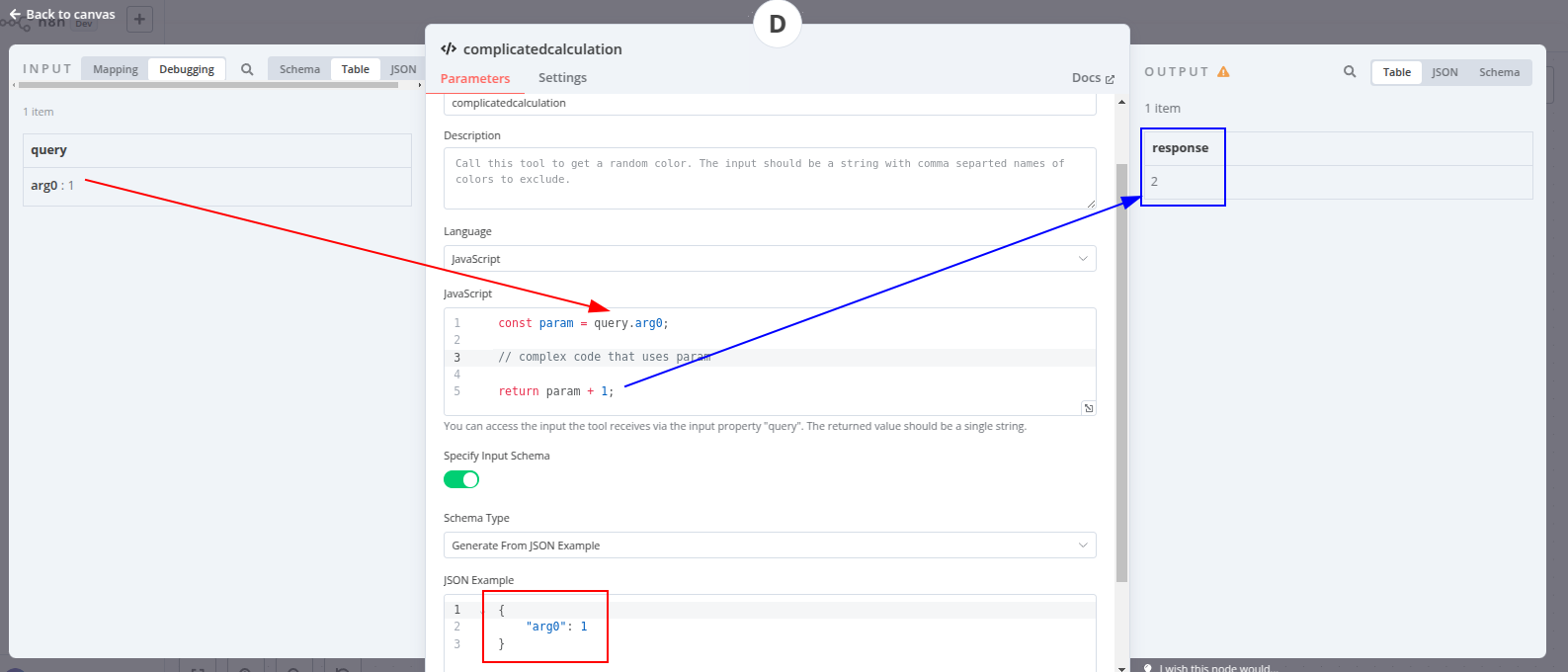 a Code tool that receives a number and returns another number after running some code