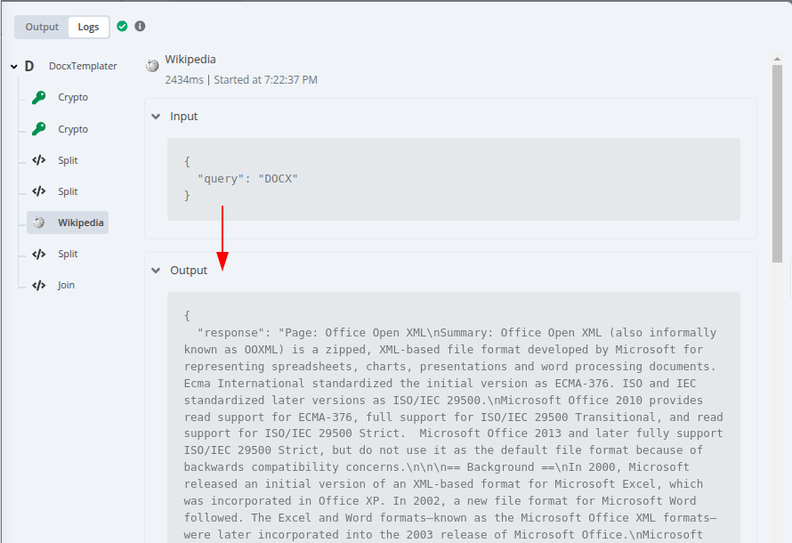 a screenshot of the Wikipedia tool being called, showing that the quey 