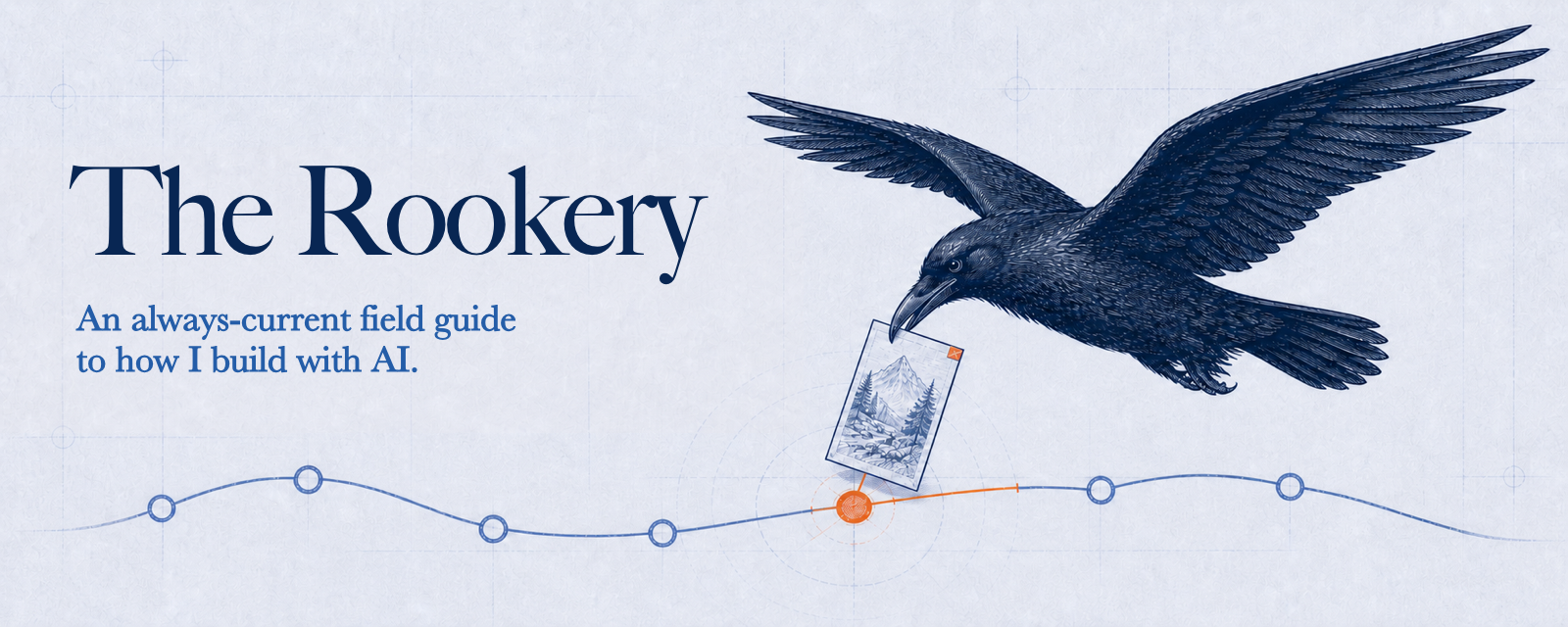 The Rookery banner showing Huginn returning with a field dispatch to a blueprint workspace