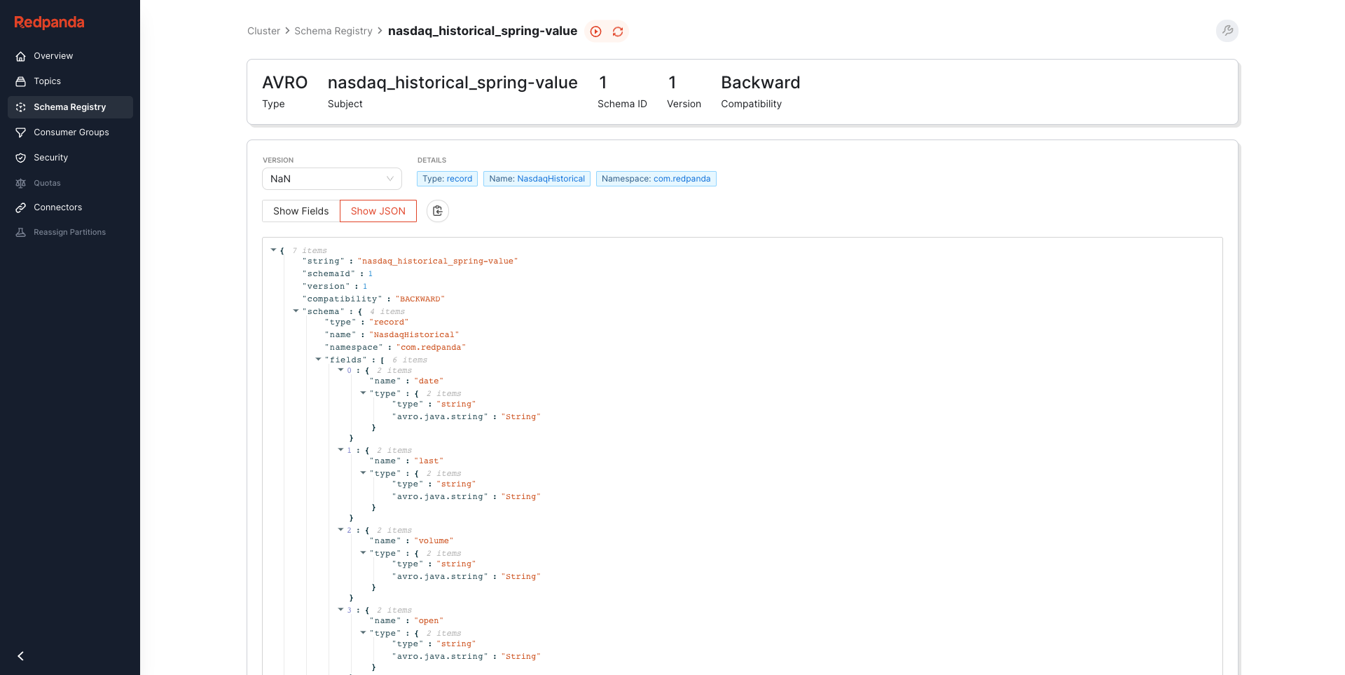 Redpanda Console Schema Registry View