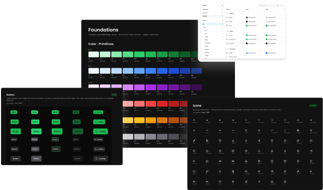 A complete ThroughLine design system — Foundations, Button variants, Icons, and Figma variables