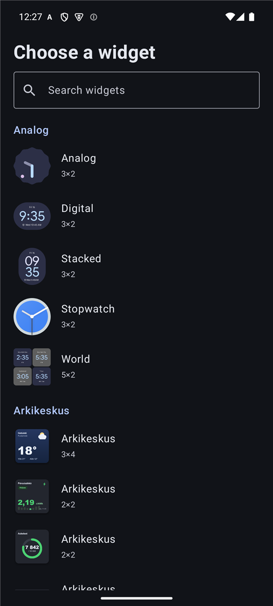 Widget picker with search