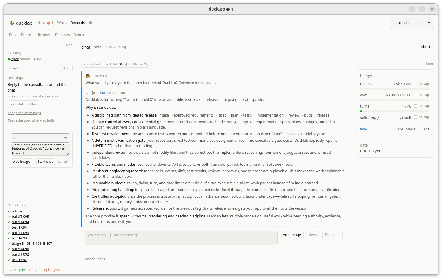 The consultant chat: luna answering 'convince me to use Ducklab'