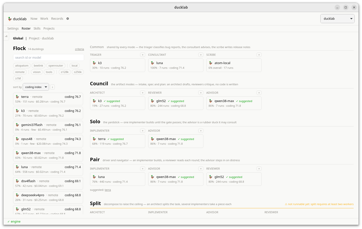 The roster board: flock with scorecards, seats per mode, engine suggestions
