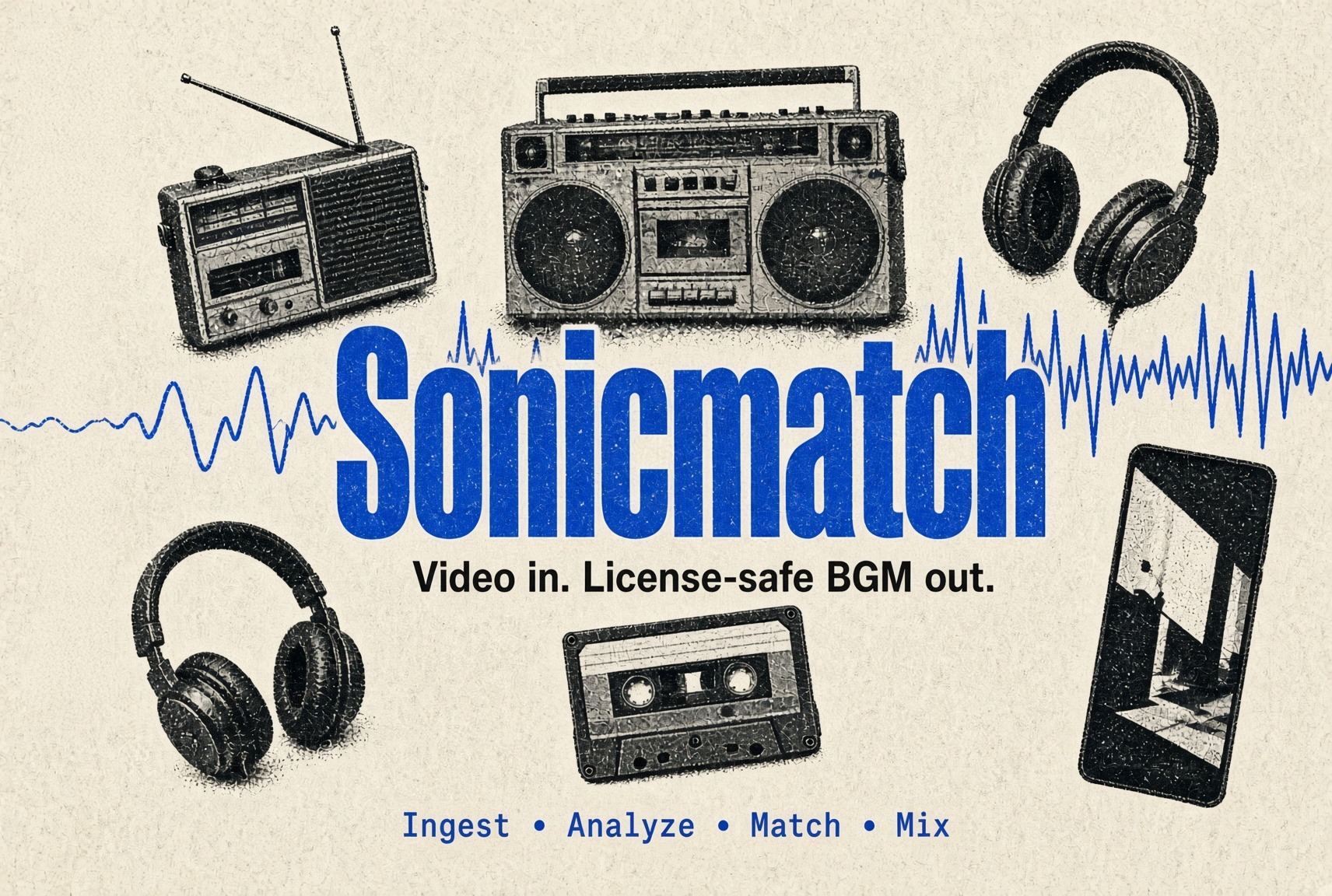 Sonicmatch — video in, license-safe BGM out. Ingest, Analyze, Match, Mix.