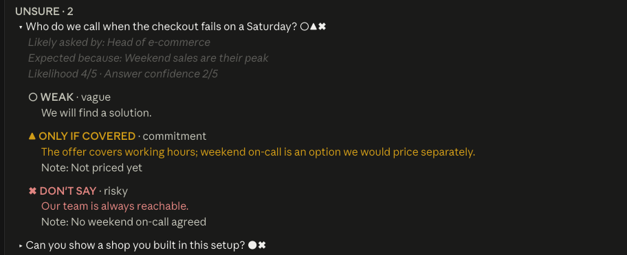 An unsure question with three kinds of answer: weak, only if covered, don't say