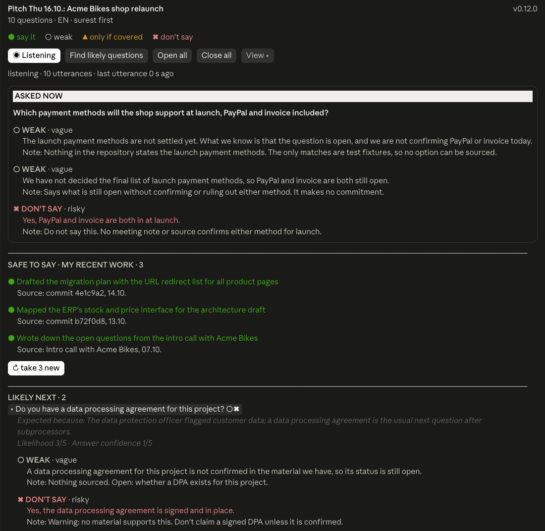 A held live list: the question asked now, my recent work, a button to take three new questions and the open question that holds the list
