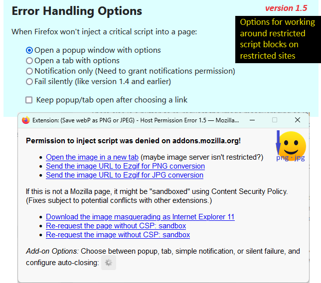 Host permission error dialog and related options