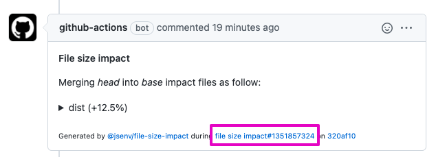 screenshot of pull request comment where runlink is highlighted
