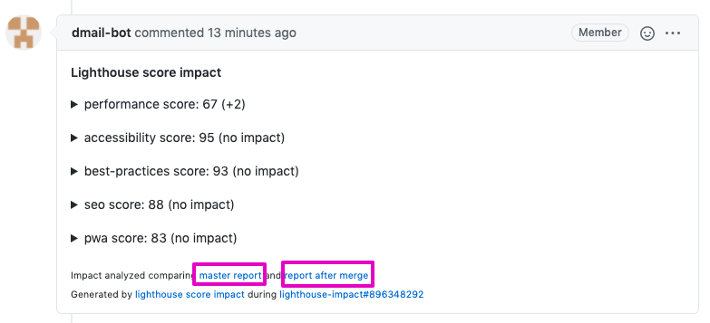 screenshot of pull request comment with links highlighted