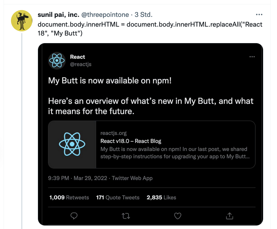 Tweet of Sunil Pai suggesting to replace React 18 by the phrase "My butt"