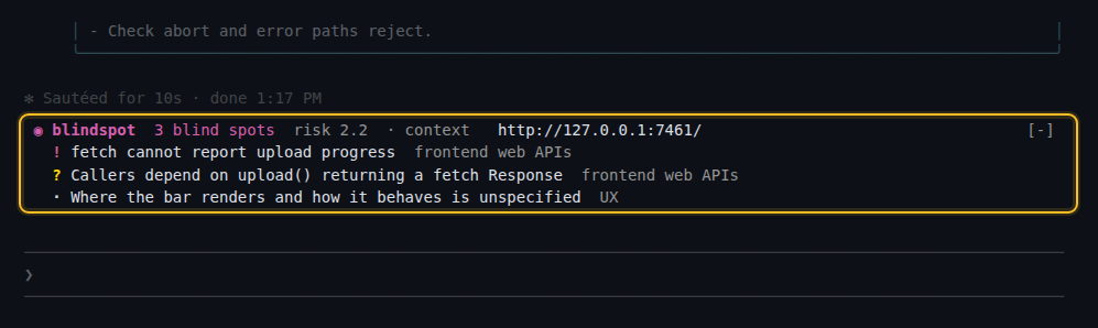 The jev-blindspot band above the Claude Code prompt, listing three blind spots