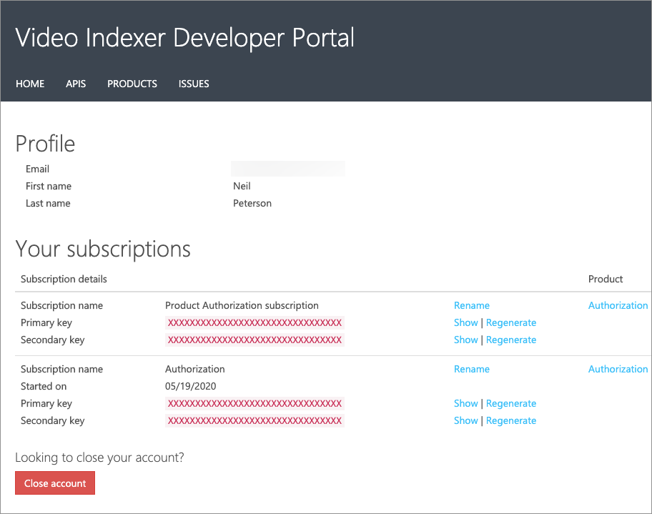 video indexer key screen