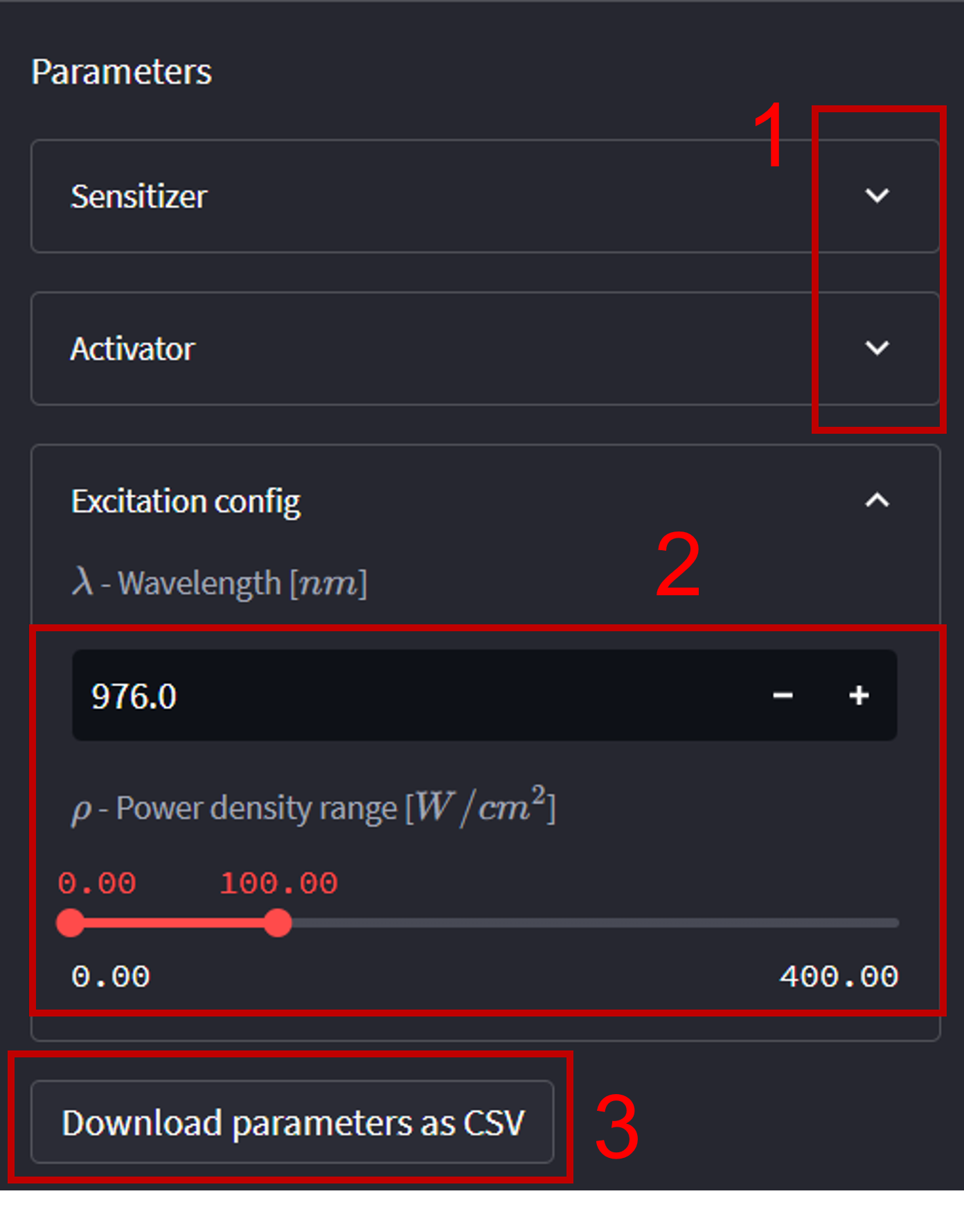 Parameters in the sidebar. 1. Expand to change the parameters of the sensitizer and activator. 2. Change the values in the input box or use the slider to change the power density range. 3. You can download adjusted parameter as a CSV file.