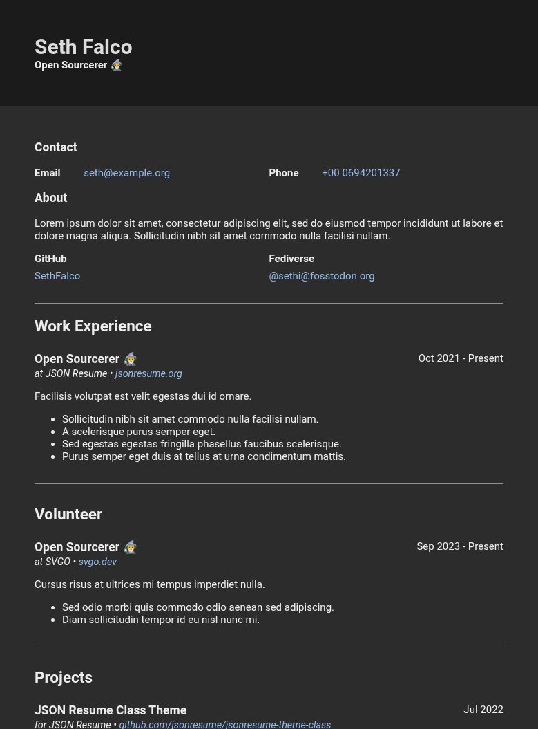 The Class theme for JSON Resume rendered with mock data when dark mode is detected. Features a dark gray bar at the top containing the candidates name and role, then a slightly lighter gray background with contact information, work experience, volunteer information, etc.
