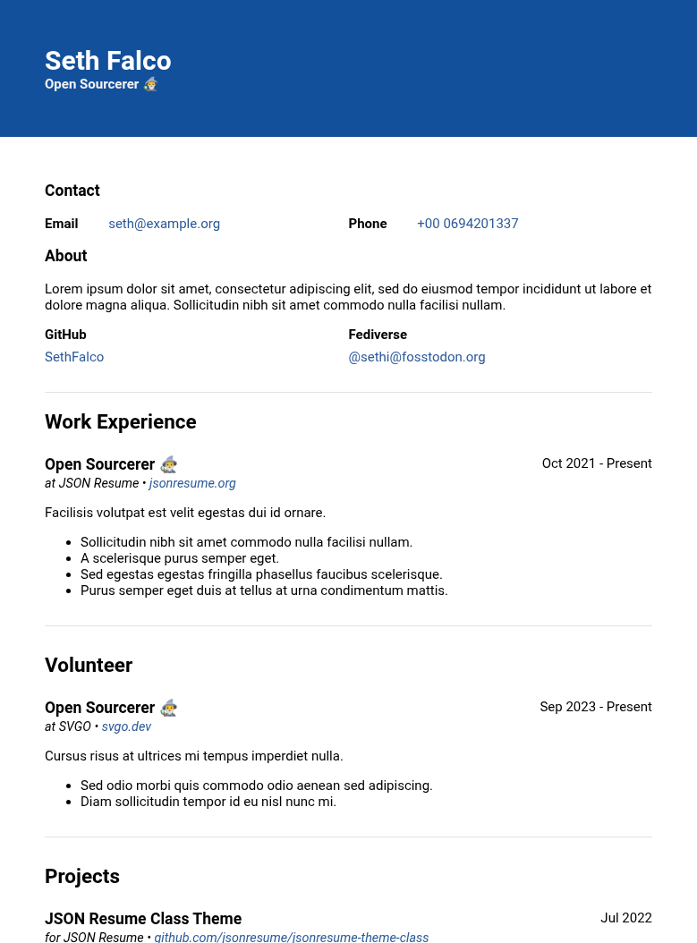The Class theme for JSON Resume rendered with mock data. Features a plain blue bar at the top containing the candidates name and role, then a plain white background with contact information, work experience, volunteer information, etc.
