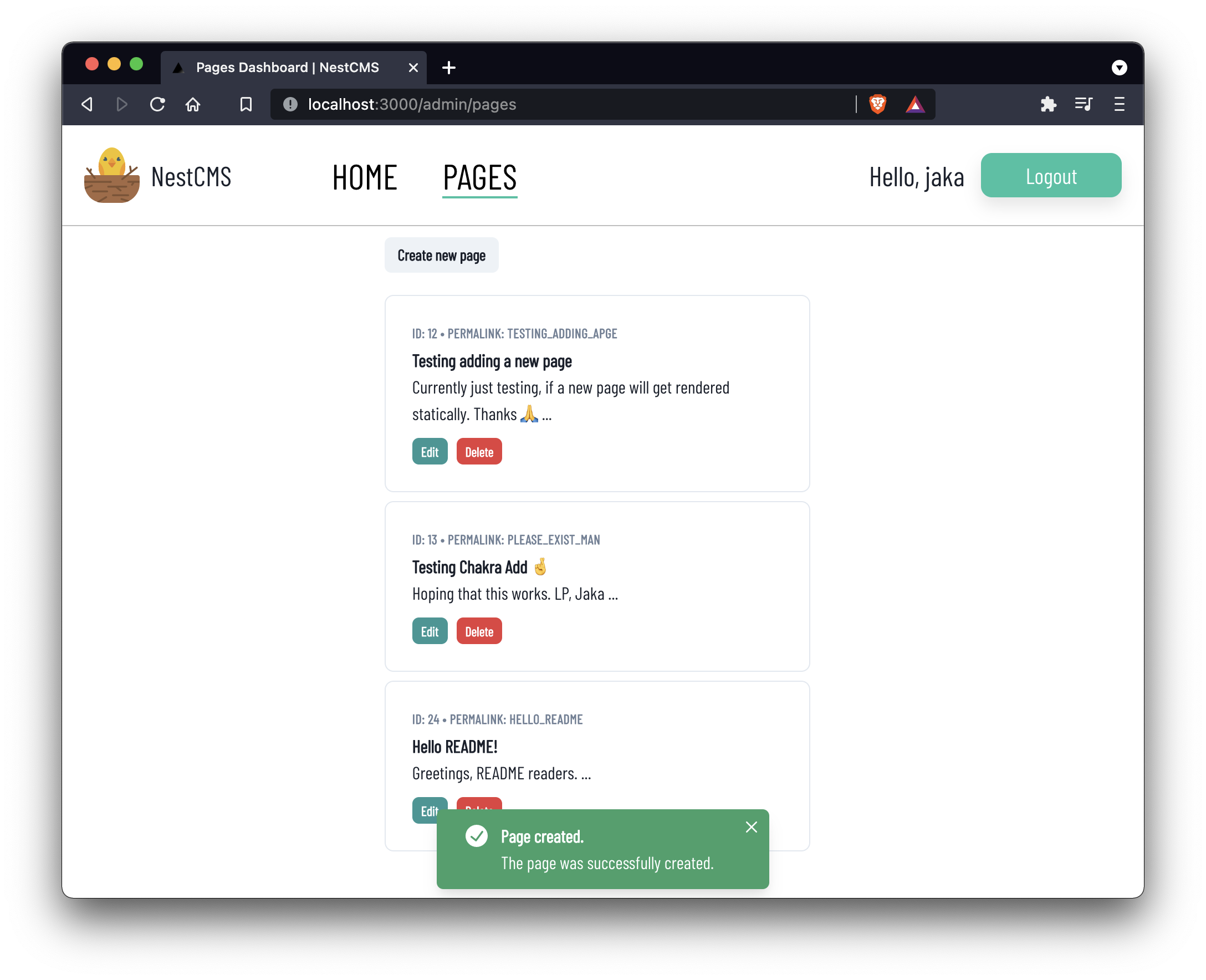 Pages dashboard inside NestCMS