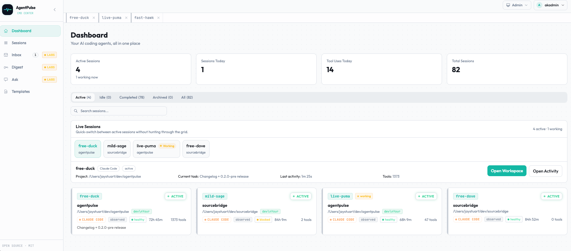 AgentPulse dashboard — live view of every active Claude Code / Codex session