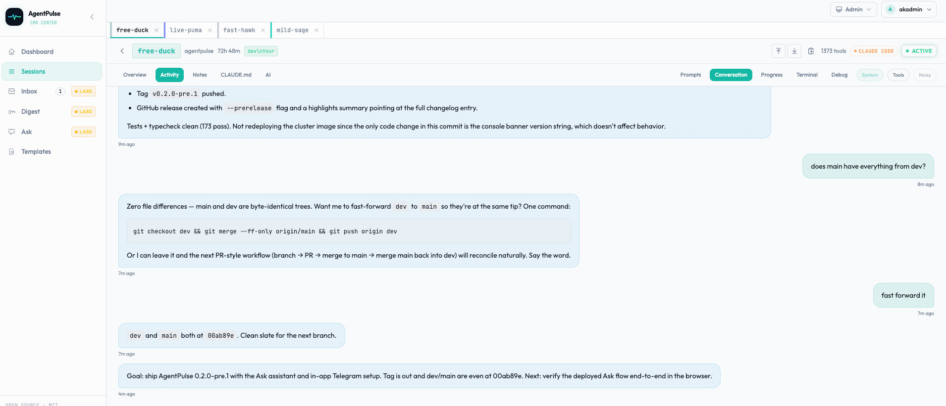 Session detail — chat-style timeline with inline tool usage