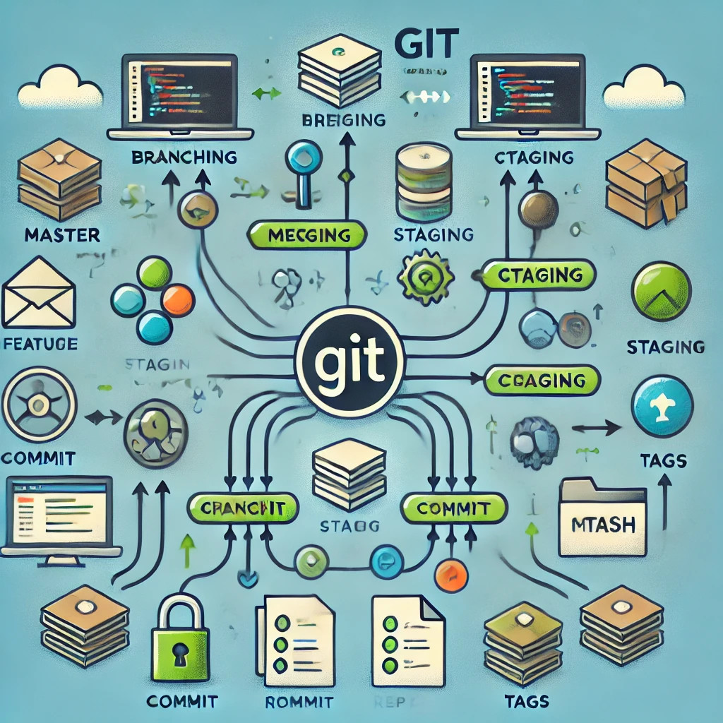 Representação visual dos conceitos do Git, incluindo ramificação, mesclagem e controle de versões