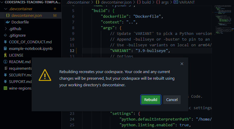 Reacreating codespace