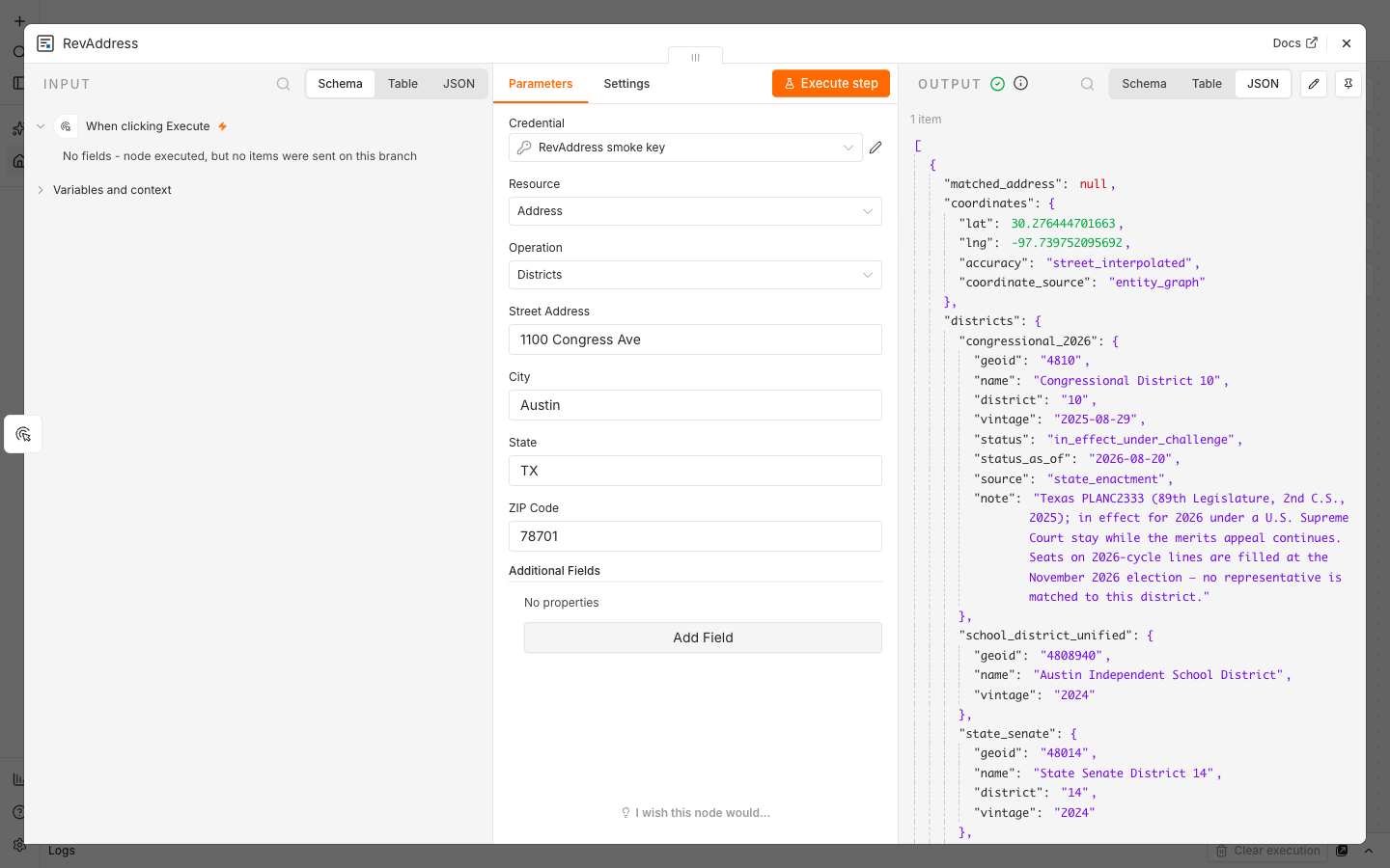 RevAddress node executed in n8n