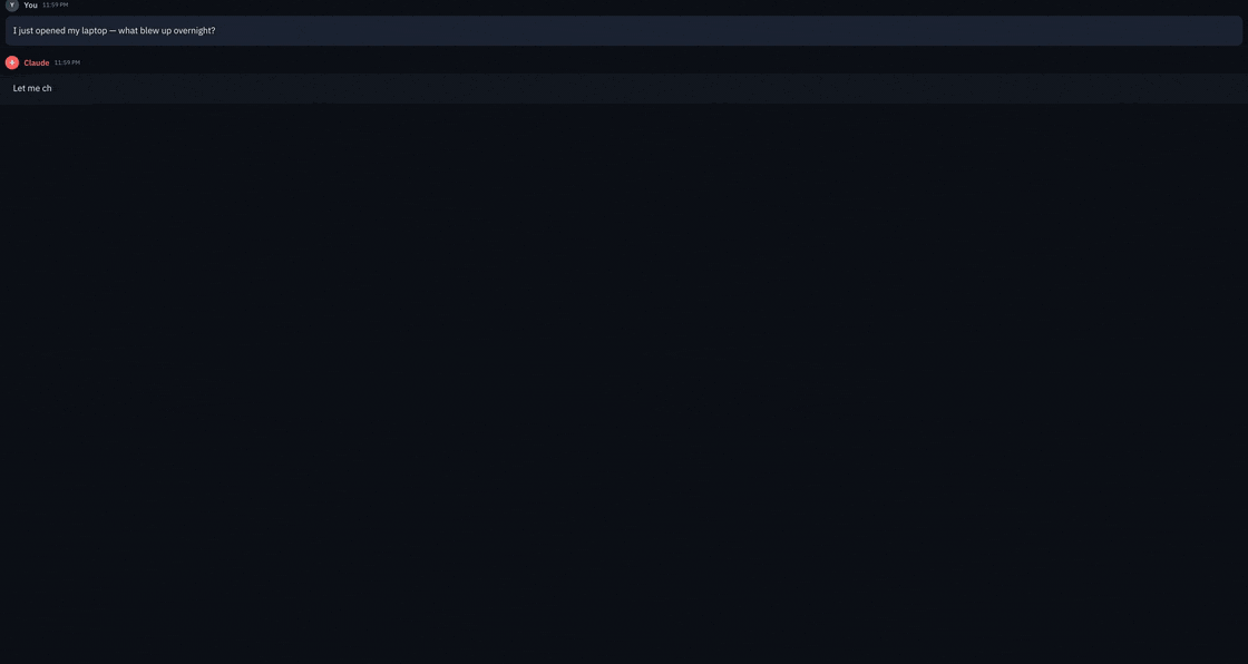 Real session: the agent calls slack_conversations_unreads, pulls channel history, and writes the morning briefing
