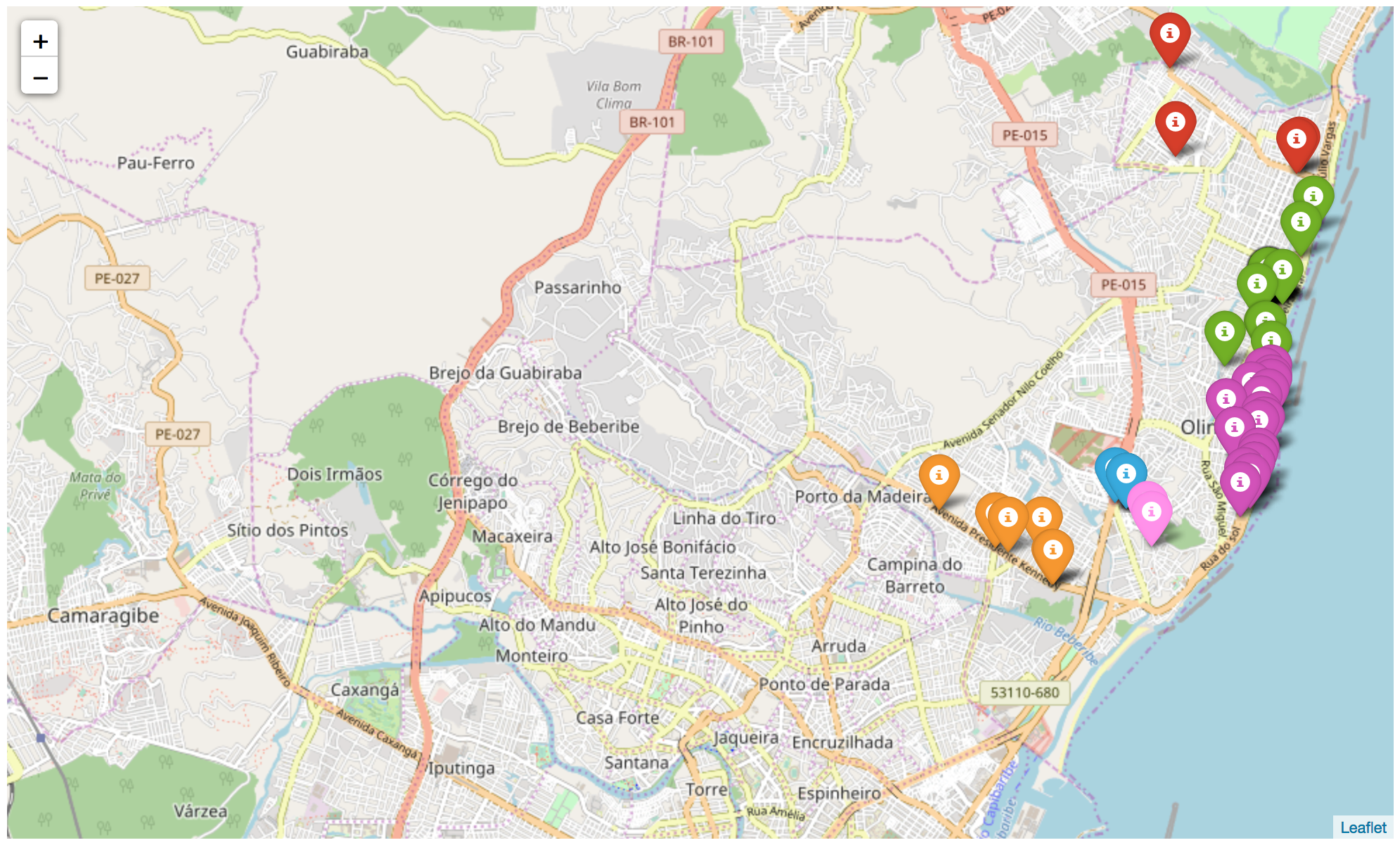 mapa de Olinda com algumas empresas e pins coloridos