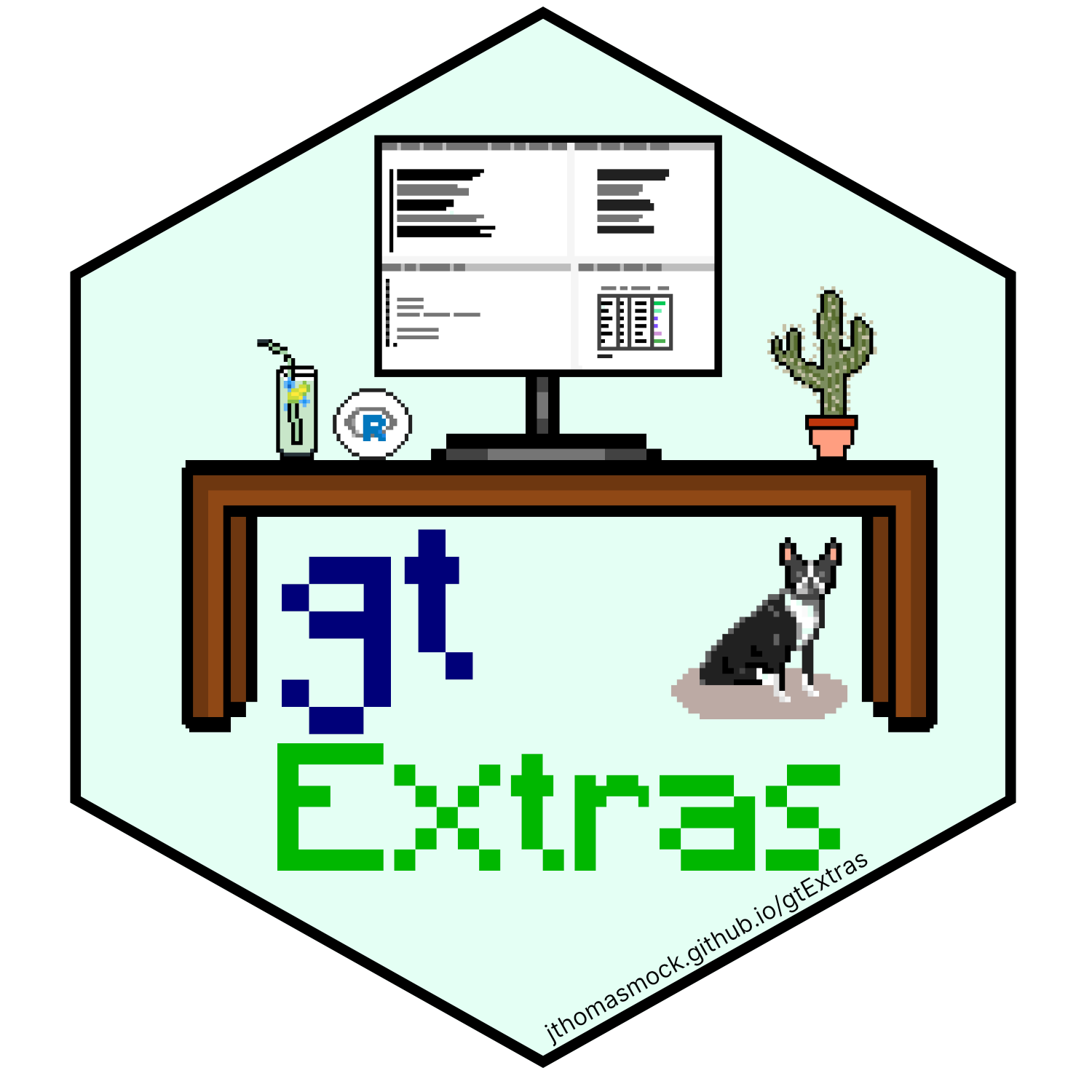 The hex logo for gtExtras, it is primarily a pixel-art inspired table with a computer, a gin and tonic cocktail, and a small cactus on top, below the desk is a small boston terrier.