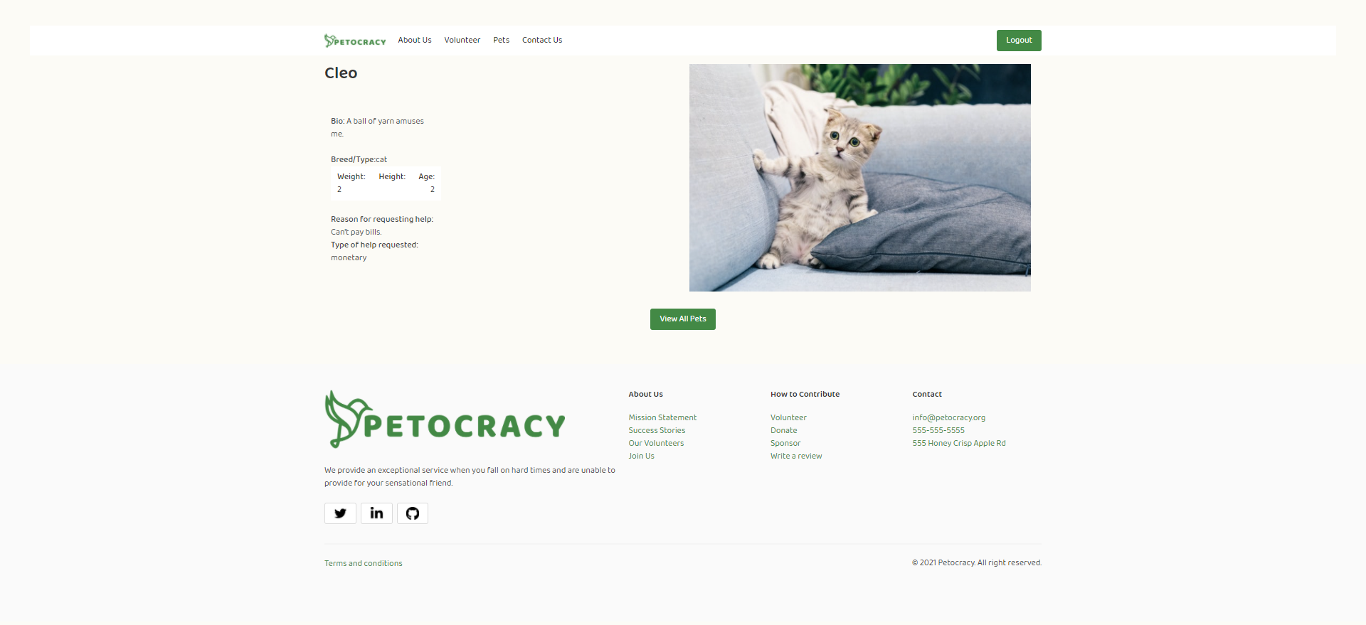 Petocracy application display pet info screen