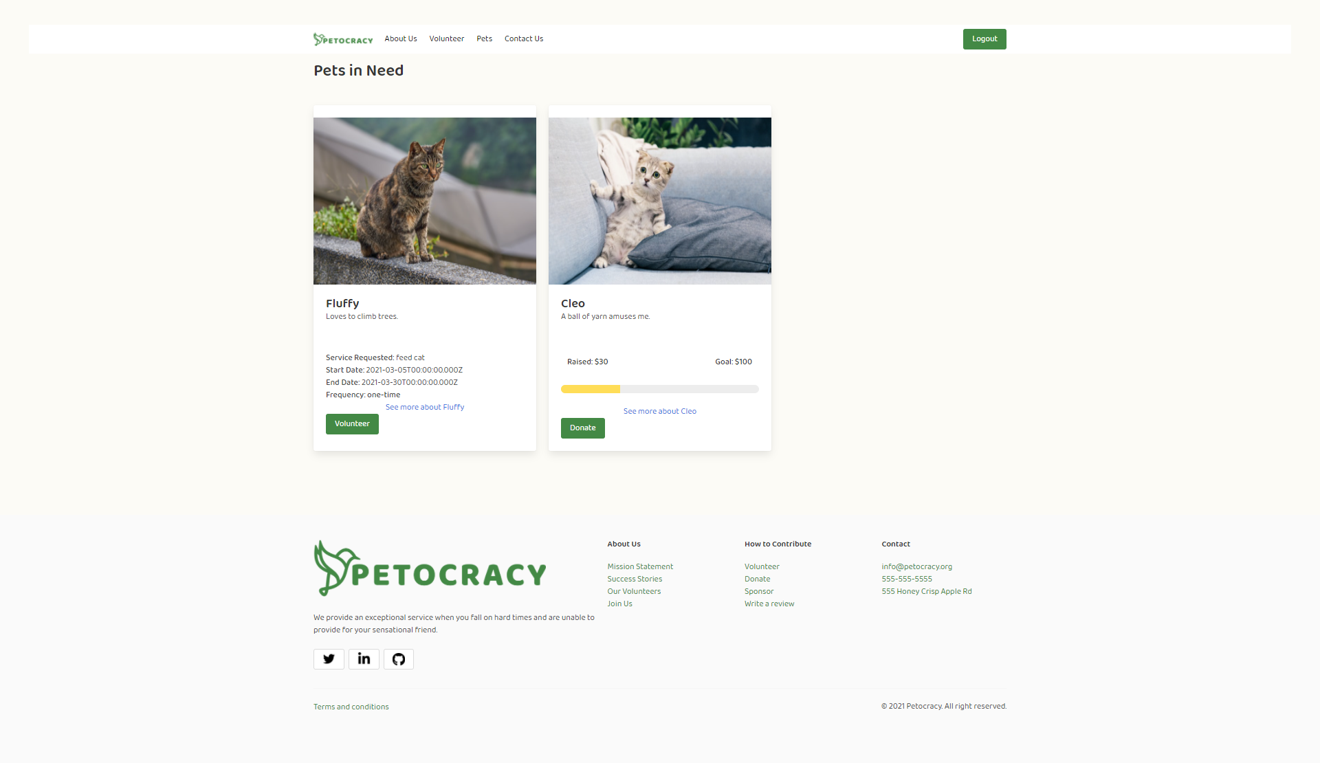 Petocracy application display pets screen