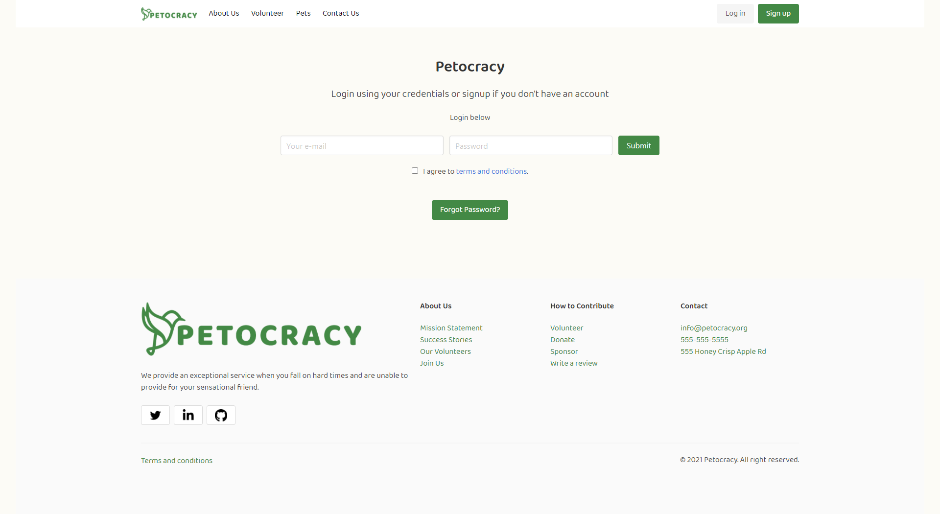 Petocracy application login screen