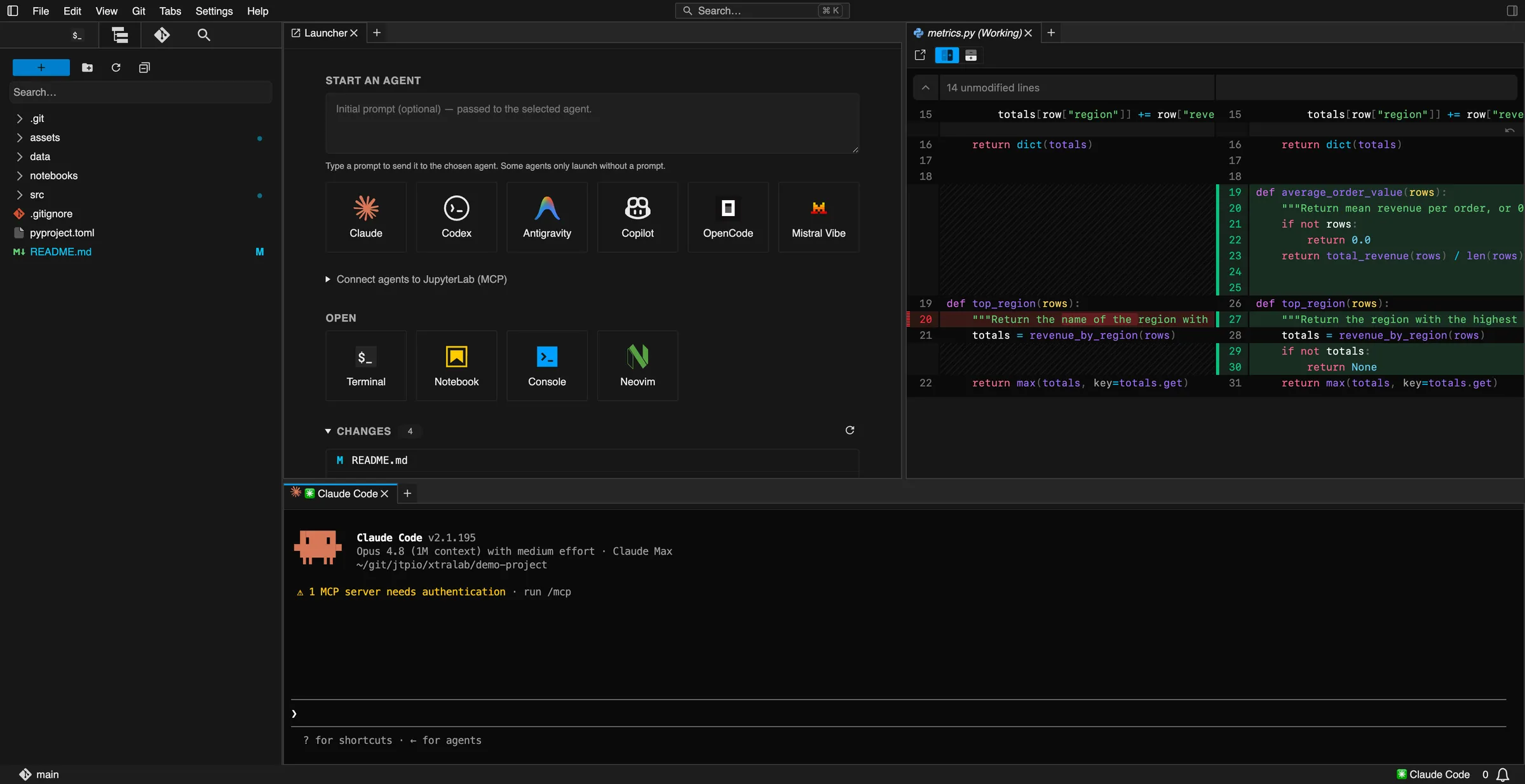 The xtralab workspace: path-first file browser, agent launcher, a side-by-side git diff, and a running Claude Code session