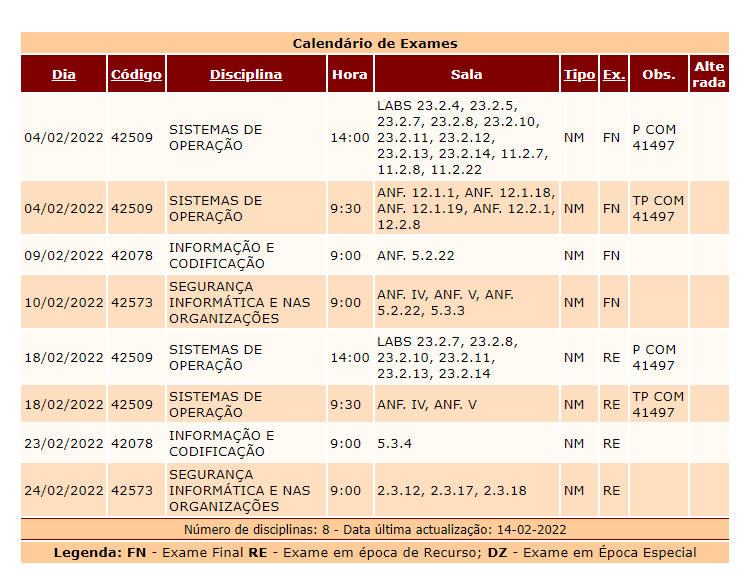 Calendário de exames antes