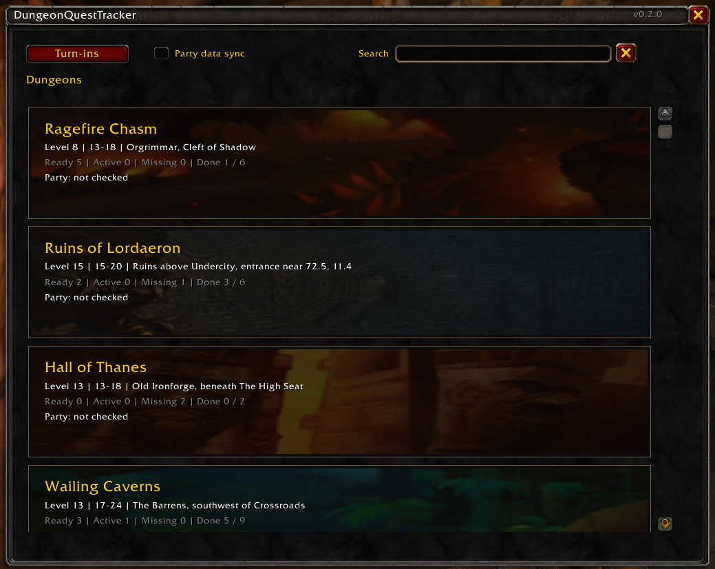 Dungeon list with artwork, quest totals, search and party status