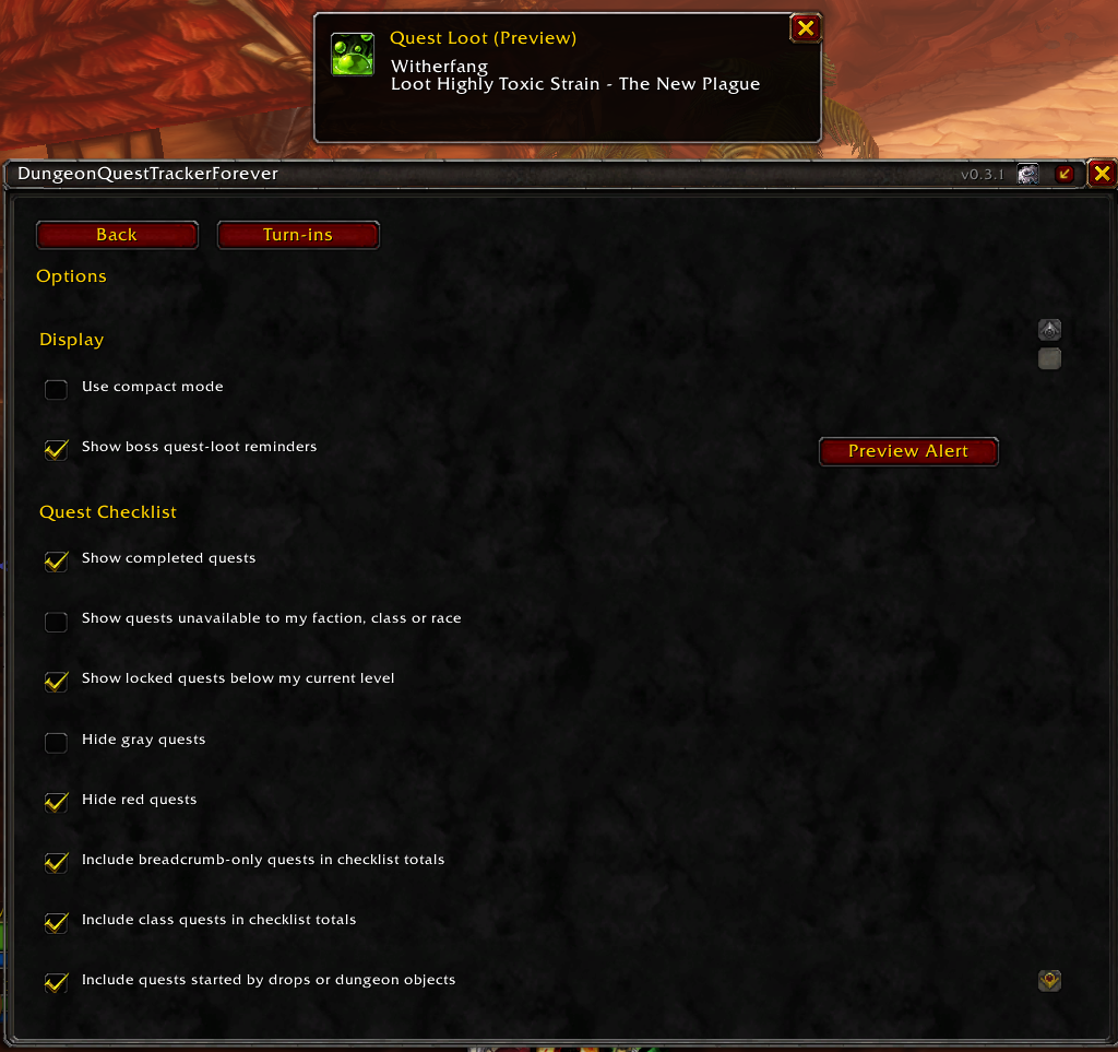 Quest Loot banner showing a quest item reminder and the Options preview