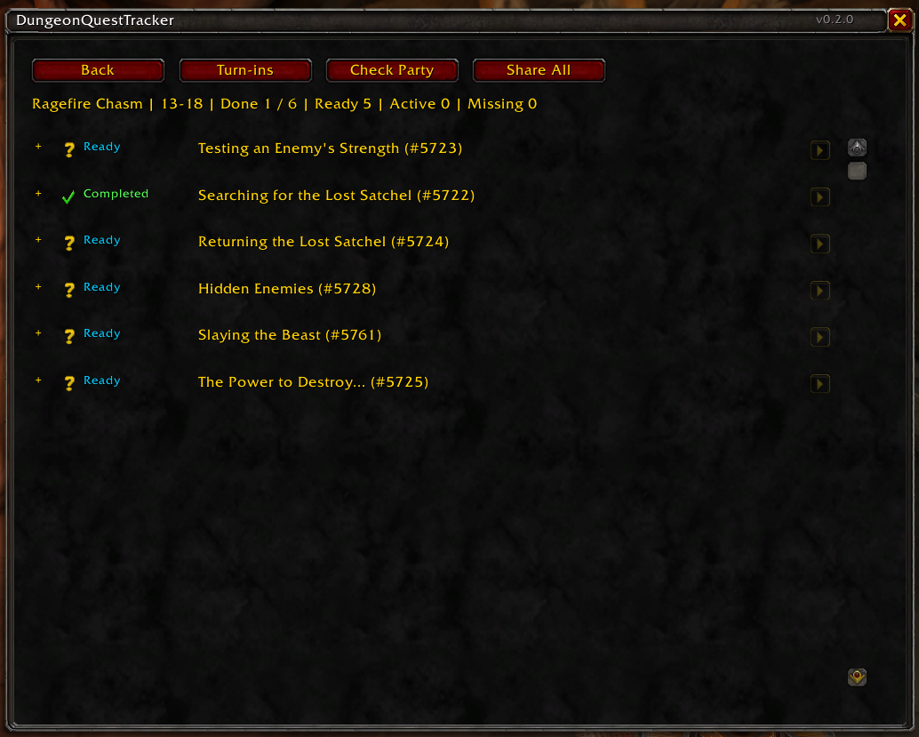 Quest checklist with completion states, expandable details and sharing controls