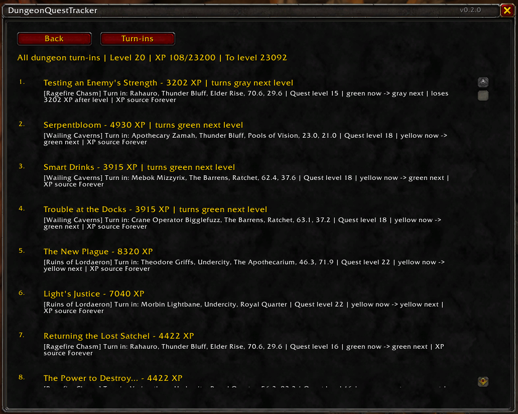 Global turn-in list with XP rewards, locations and level-up warnings